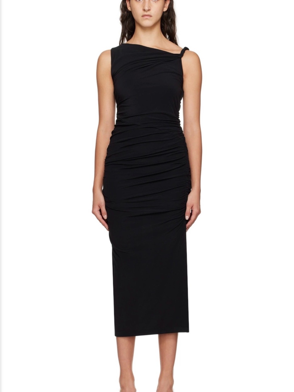 Helmut Lang Black Ruched Midi Dress with Asymmetric Shoulder Size Small